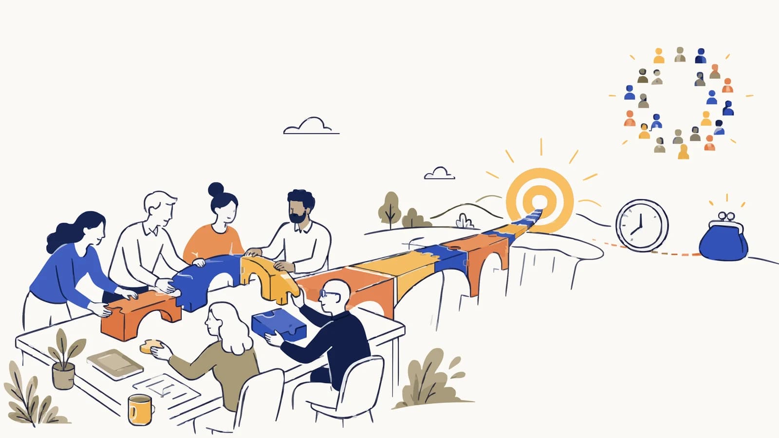 Sept personnes assemblent autour d'une table un long pont de blocs bleus, jaunes et orange qui franchit un vallon et mène à une cible ; à droite, un cercle de silhouettes, une horloge et une bourse.