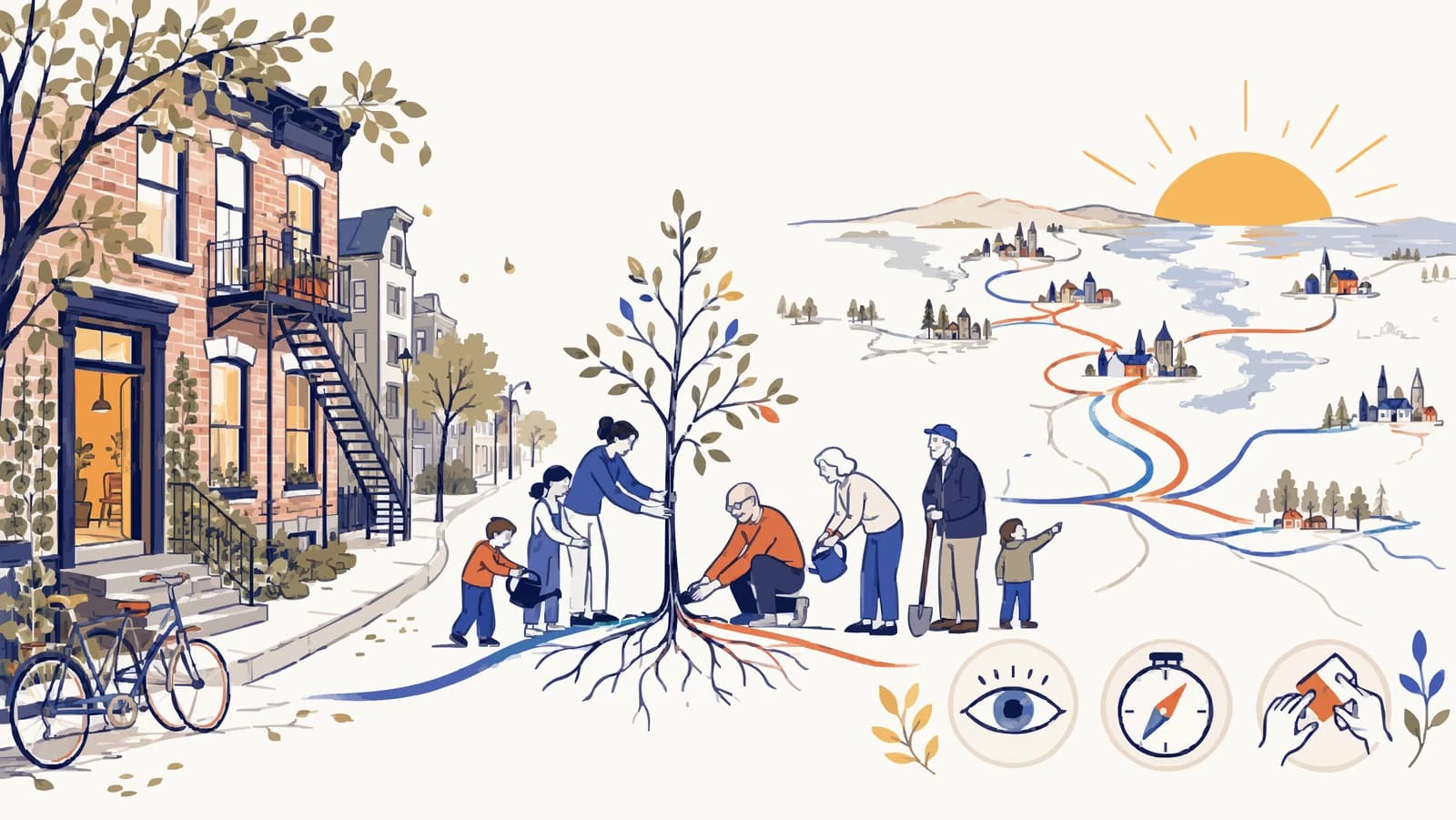 Devant une maison à escalier extérieur montréalais et un vélo, trois générations plantent ensemble un jeune arbre dont les racines s'étendent, en bleu et orange, vers des villages et un soleil levant ; en bas, trois médaillons — un œil, une boussole, une main qui sème.