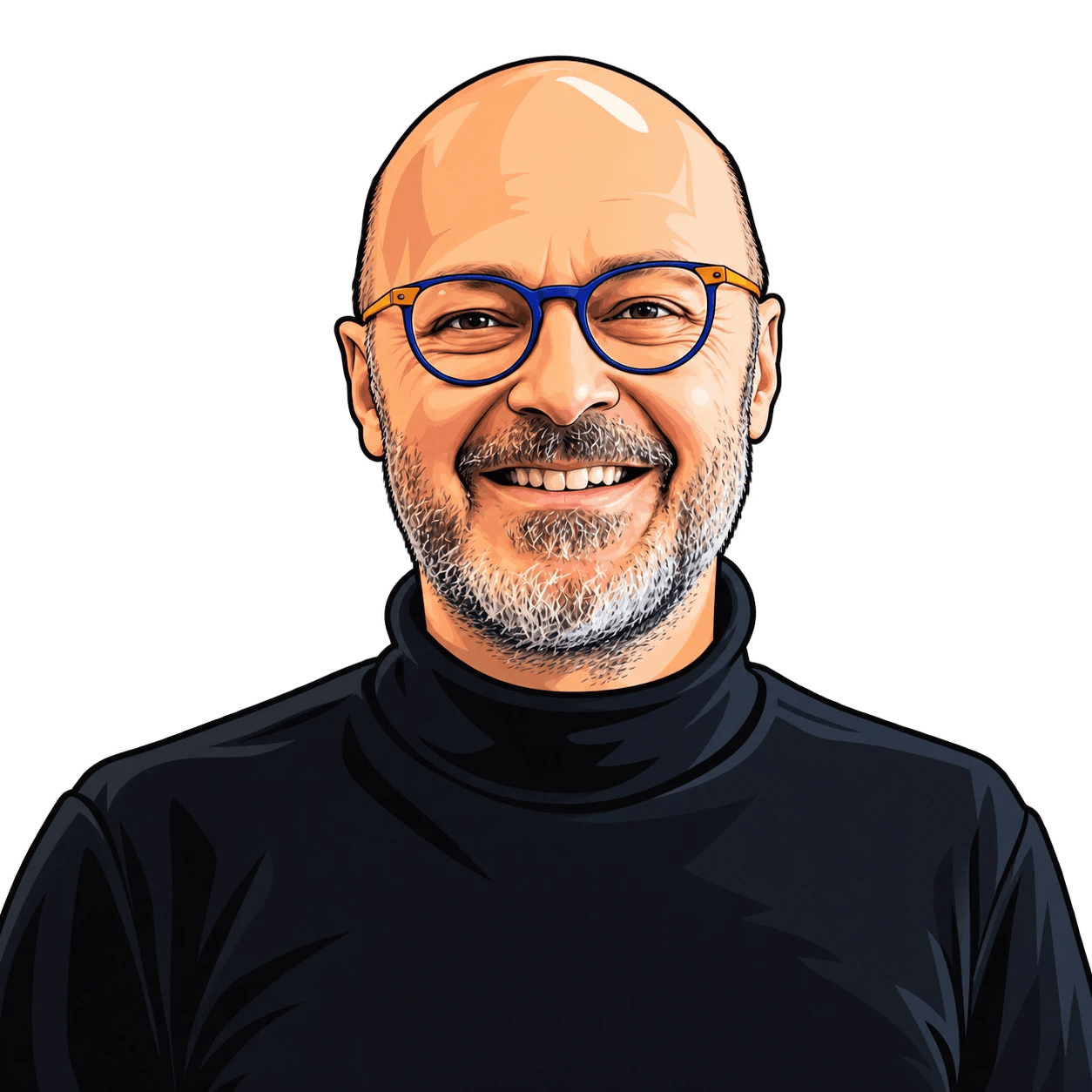 Illustrated portrait of Jean-Pierre Dubé, smiling, balding, with a short grey beard, round blue glasses with orange arms and a black turtleneck.